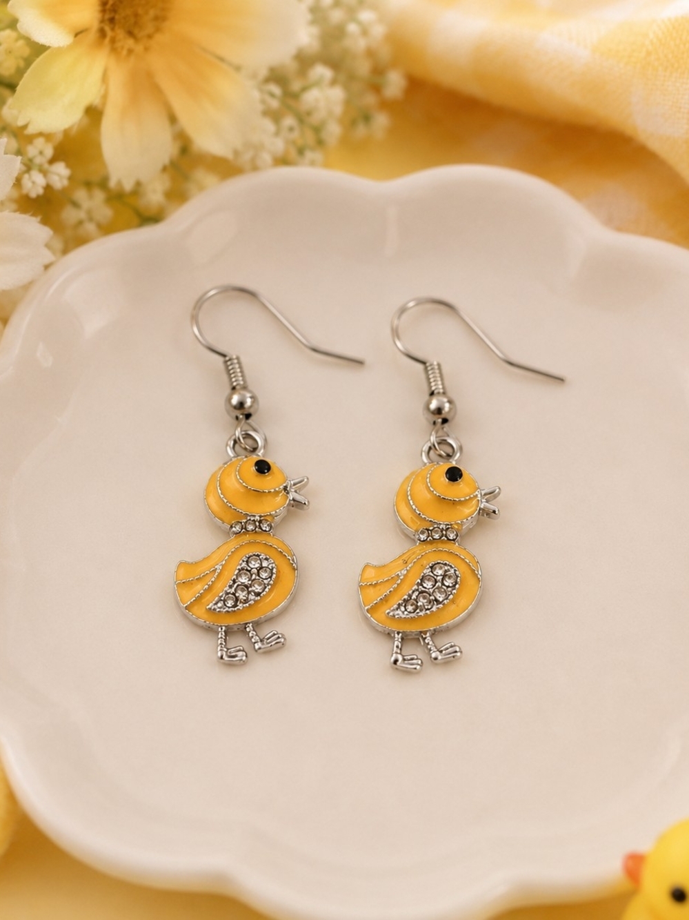 Cute Yellow Bird Duck Rhinestone Dangle Earrings – Brand New